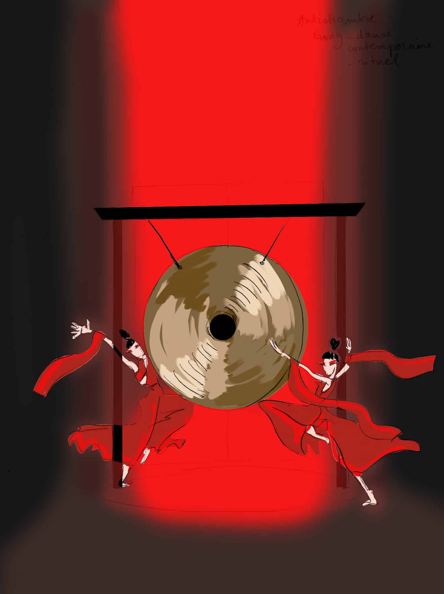 dessin danse gong lueur rouge rough evenementiel