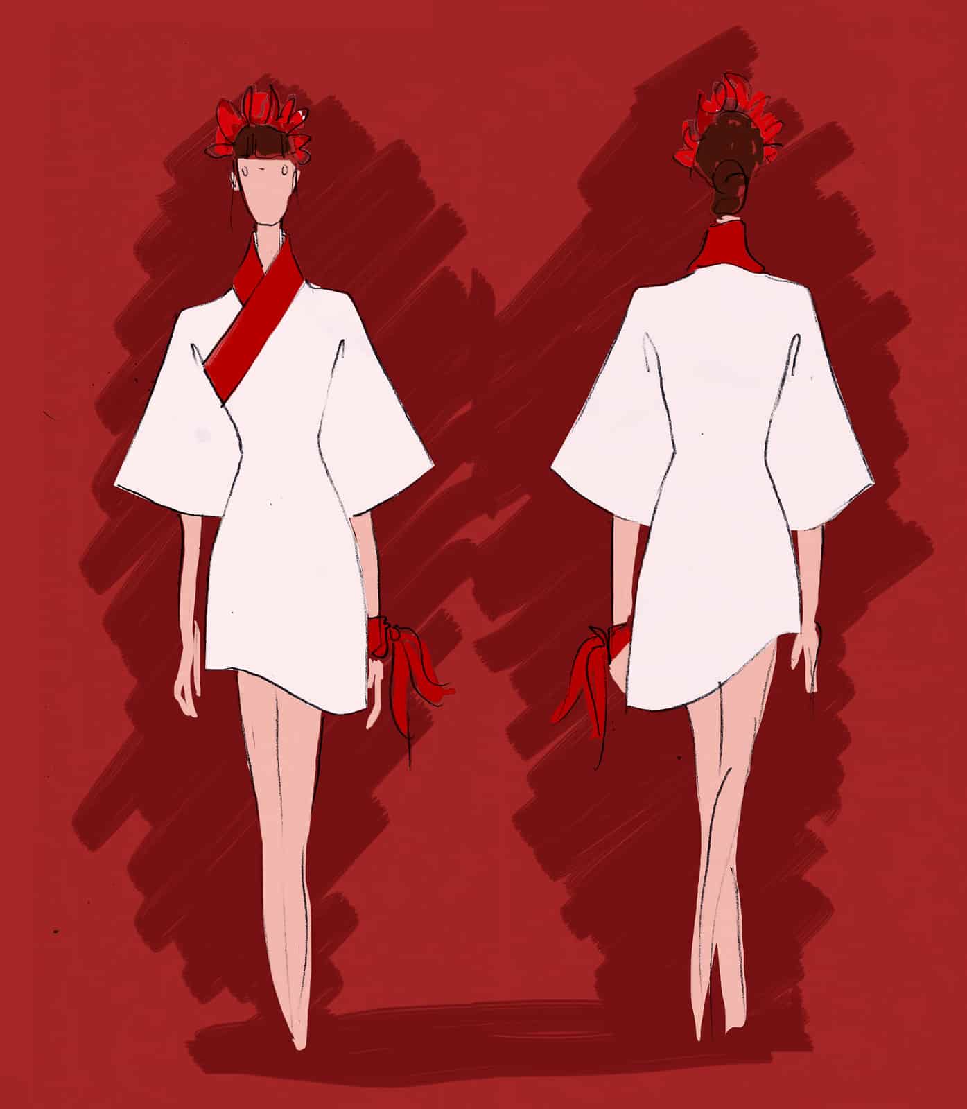 dessin femme kimono blanc lisere rouge rough evenementiel
