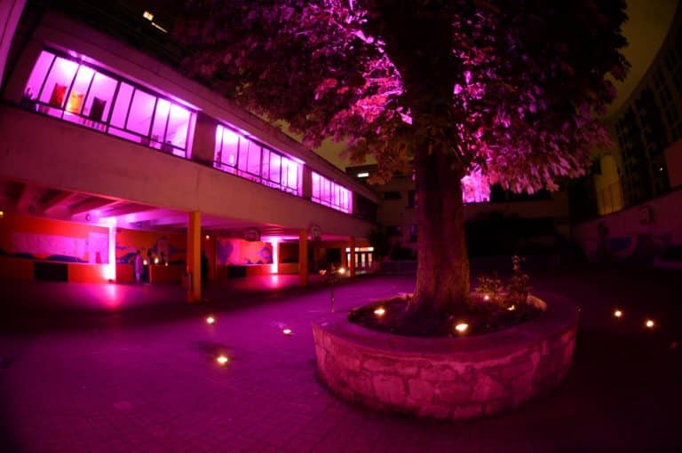 Ecole-Saints-Anges-kermesse-feerique-scenogaphie-creative-decor-spectaculaire-arbre-lumineuax-colore-rose-cours-tournage-teaser-agence-WATO-evenementiel-Paris